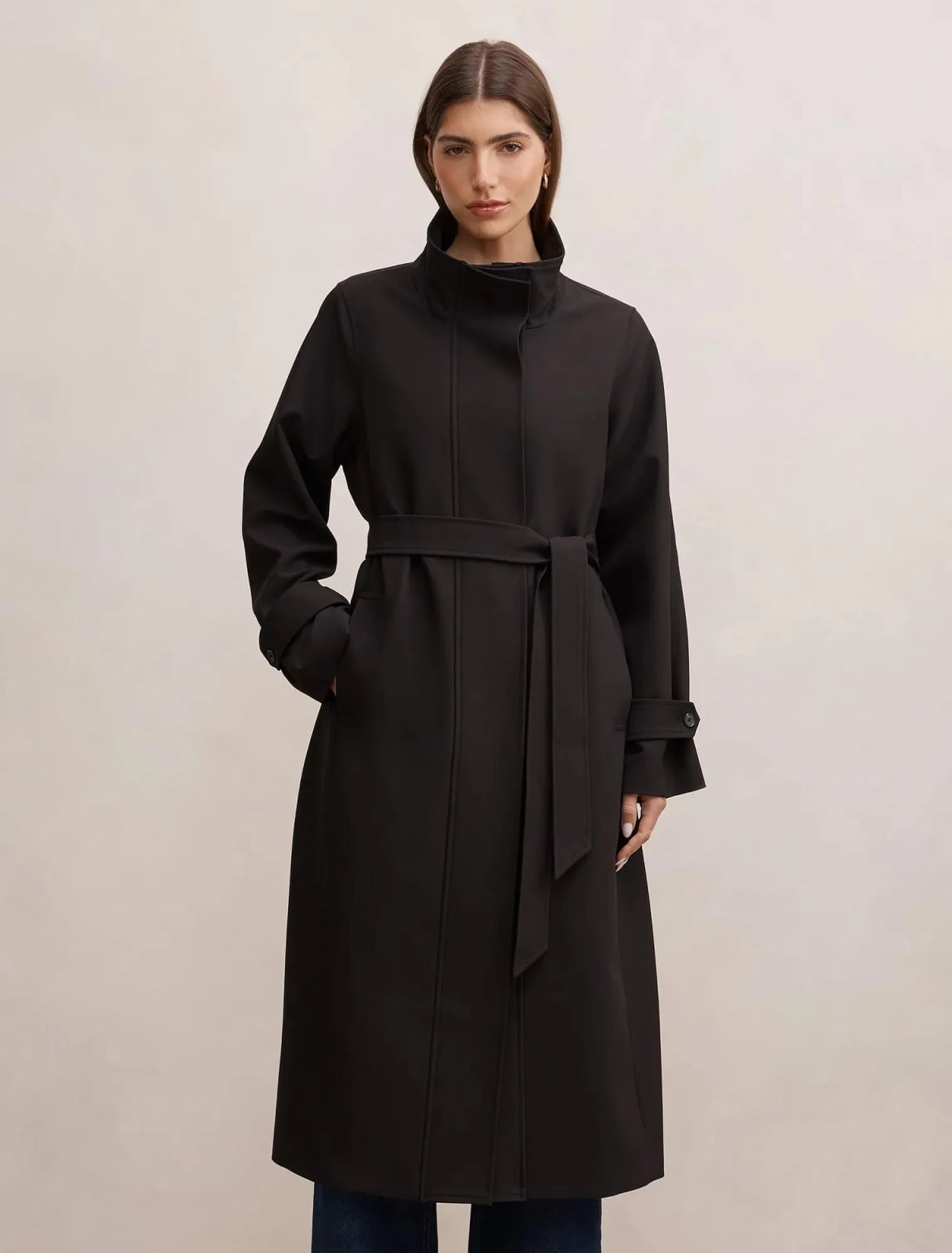 Long Belted Wool Blend Trench Coat — Classy Black Trench Coat Outfit