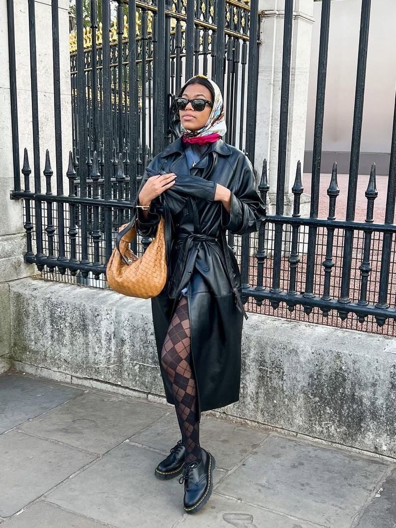 Leather Trench Coat With Patterned Tights — Classy Black Trench Coat Outfit