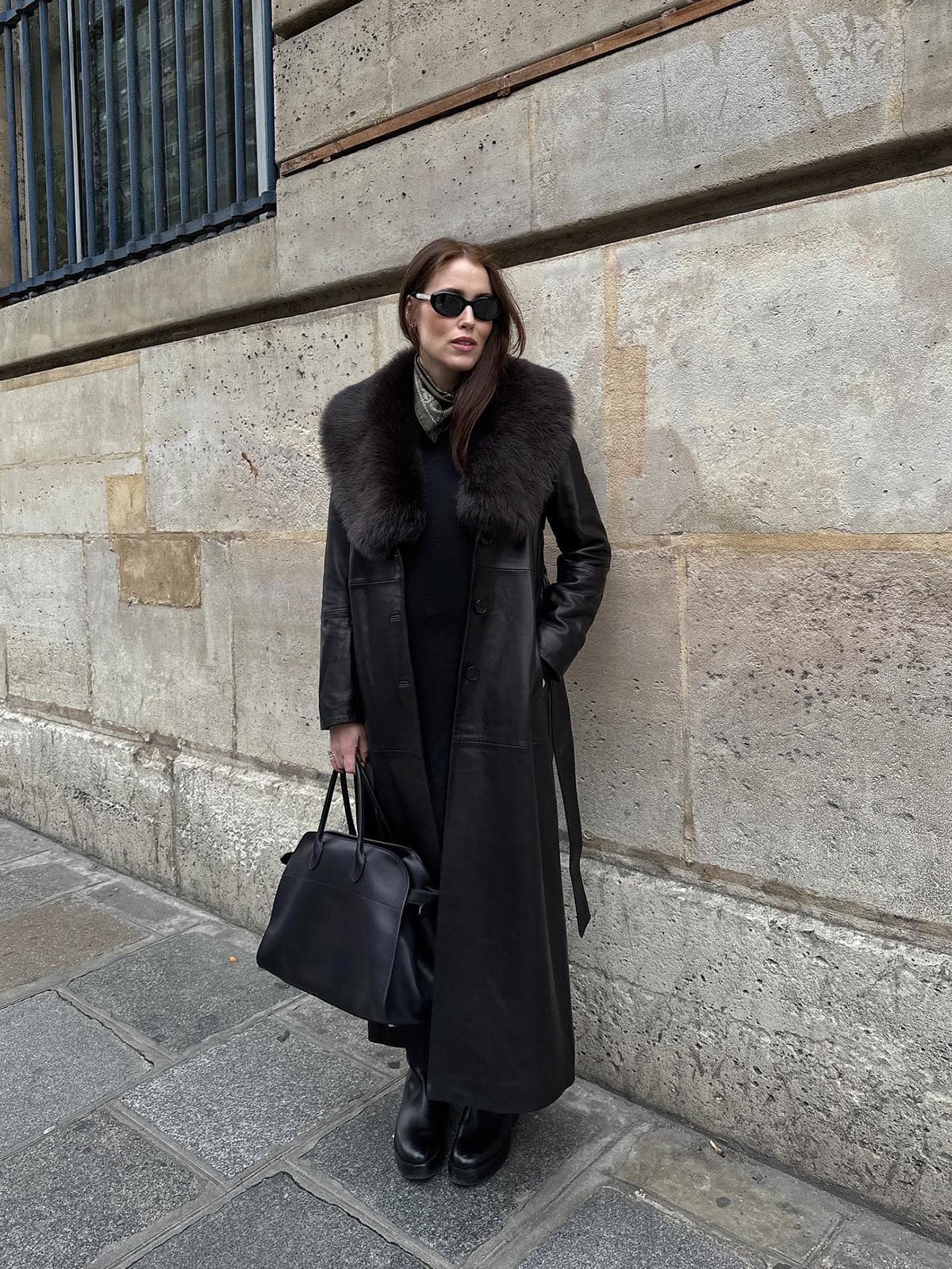 Leather Trench Coat With Fur Collar — Classy Black Trench Coat Outfit