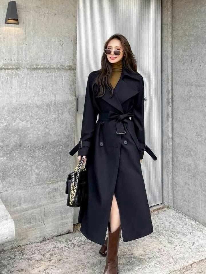 Belted Double-Breasted Trench Coat With Trousers — Classy Black Trench Coat Outfit