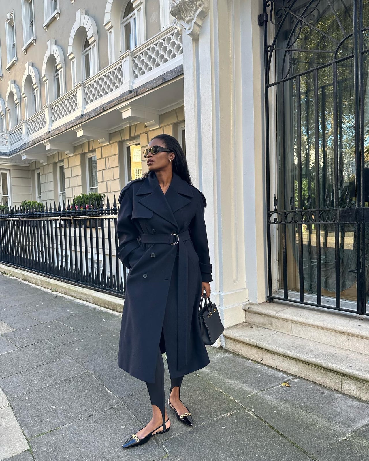 Belted Black Trench Coat With Leggings — Classy Black Trench Coat Outfit
