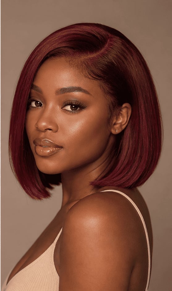 Chin Length Burgundy Bob Blowout, Straight — Classy Blowout Hairstyles Black Women