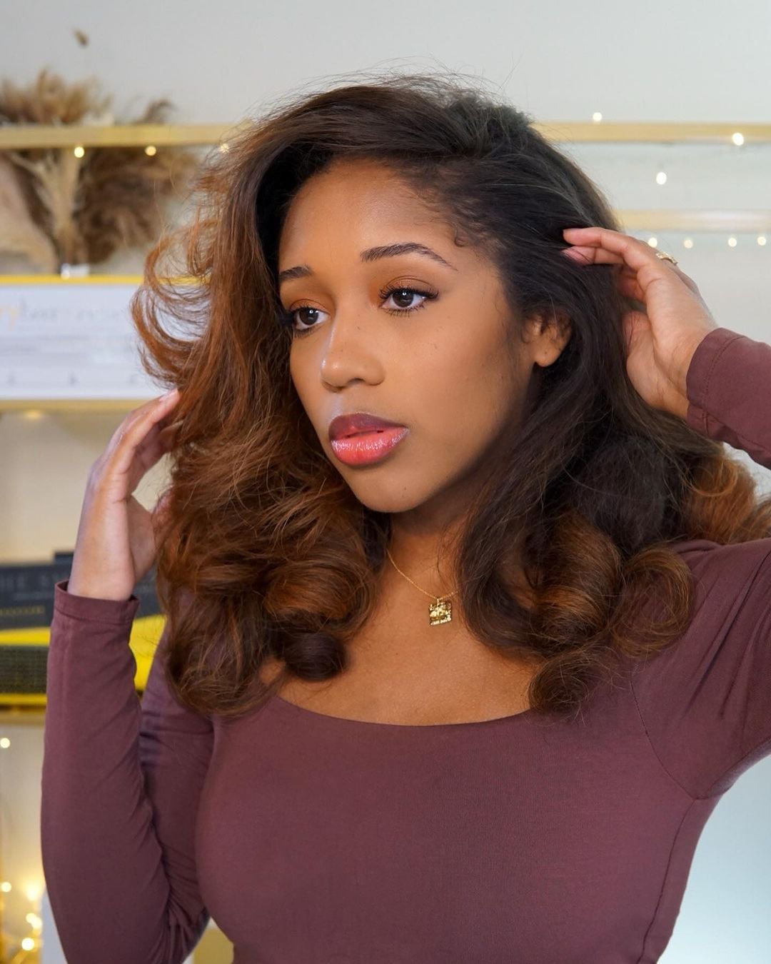 Shoulder Length Dark Brown Blowout With Caramel Highlights — Classy Blowout Hairstyles Black Women