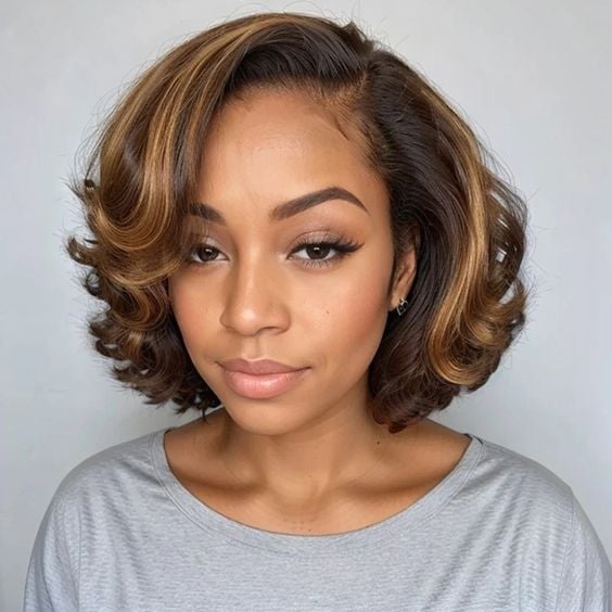 Chin Length Bob With Blonde Highlights — Classy Blowout Hairstyles Black Women