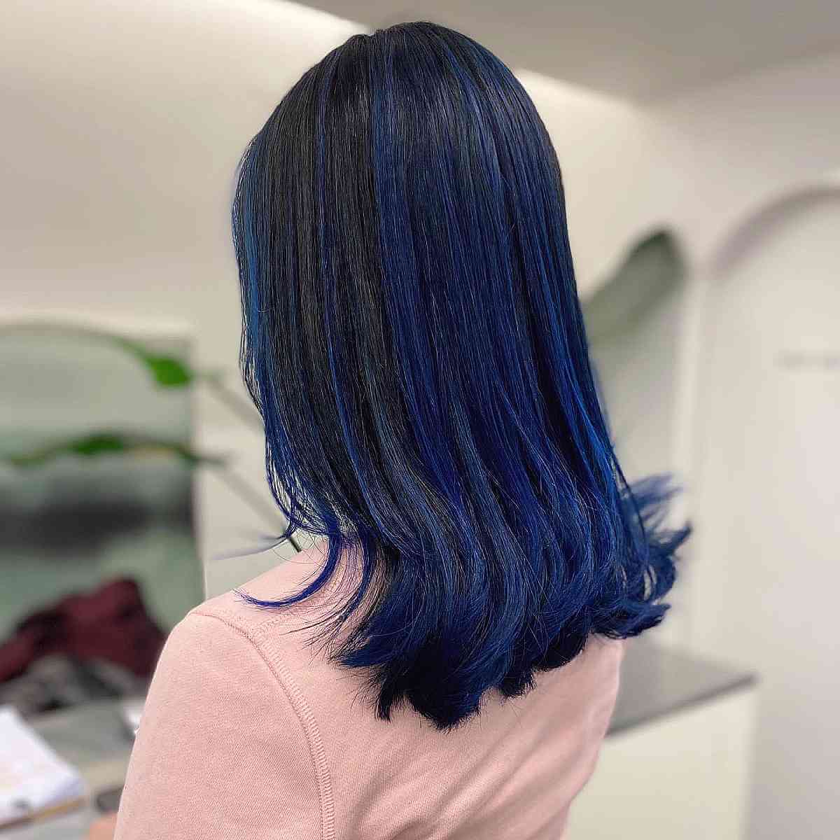 Mid-Back Layered Hair With Teal Highlights — Classy Blue Highlights
