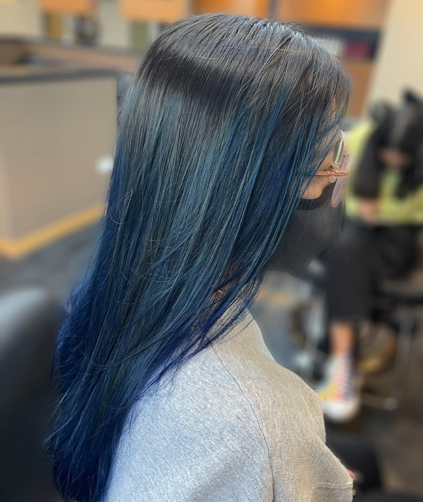 Smoky Blue Highlights On Mid-Back Wavy Hair, Layers — Classy Blue Highlights