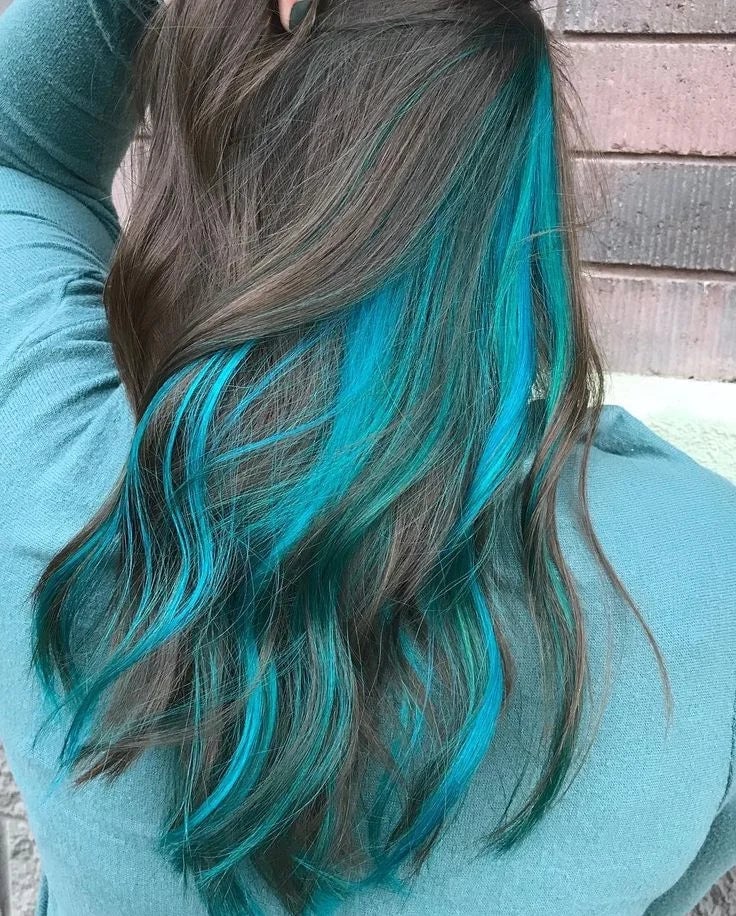 Mid-Back Wavy Hair With Teal and Blue Streaks — Classy Blue Highlights