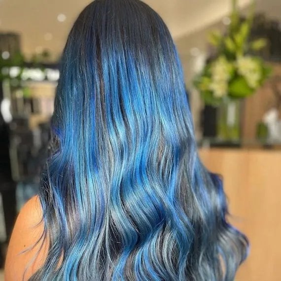 Mid-Back Dark Base With Vibrant Blue Highlights, Wavy — Classy Blue Highlights