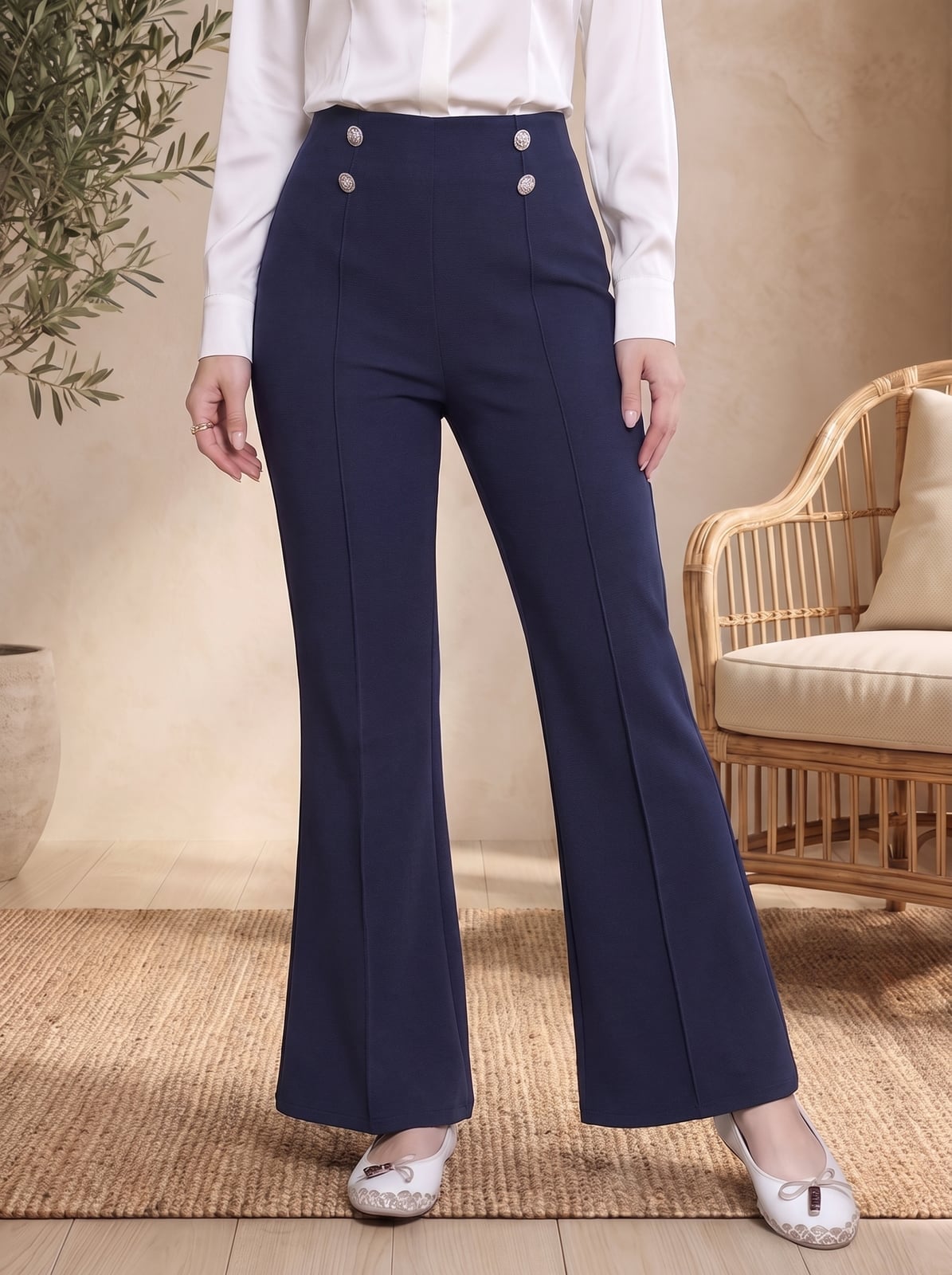 Smart Casual Navy Flared Trousers with Buttons — Classy Blue Pants Outfits