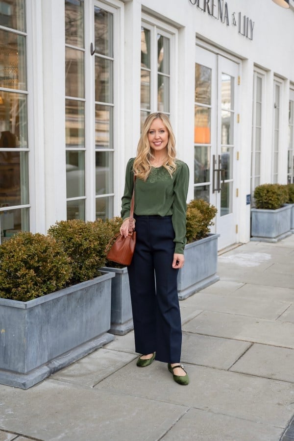 Casual Navy Straight-Leg Pants with Embroidered Blouse — Classy Blue Pants Outfits
