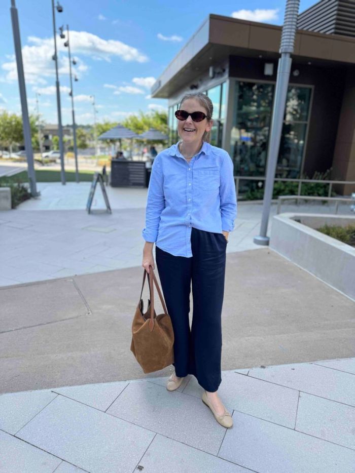 Casual Navy Straight-Leg Trousers with Button-Down, Flats — Classy Blue Pants Outfits