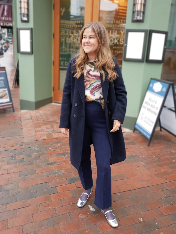 Smart Casual Navy Straight-Leg Trousers with Coat and Mary Janes — Classy Blue Pants Outfits
