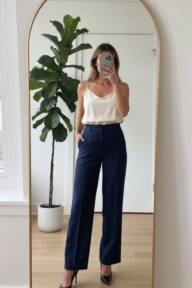 Smart Casual Navy Trousers with Satin Camisole — Classy Blue Pants Outfits