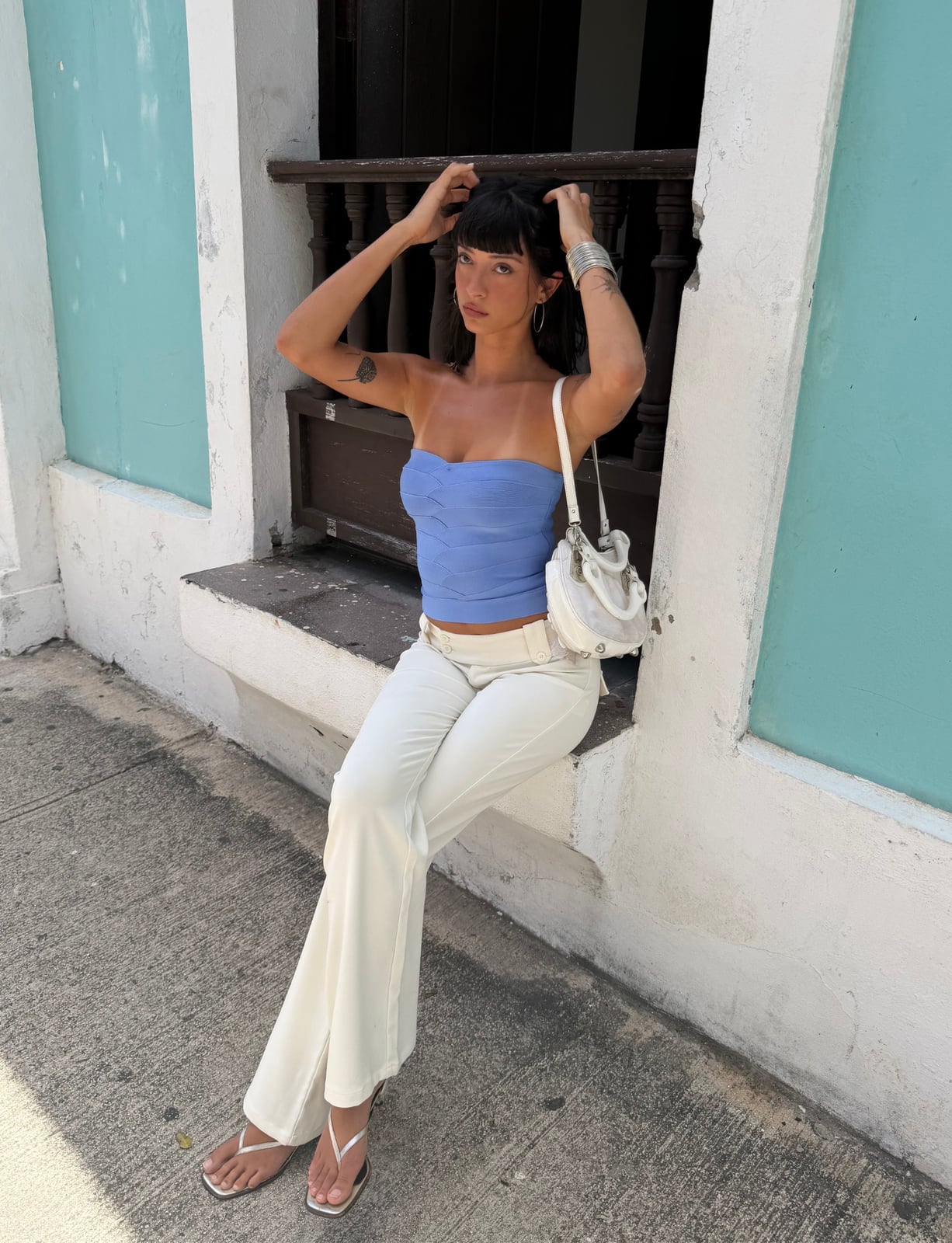 Blue Strapless Bandeau Top with Cream Wide-Leg Trousers Blue Strapless Bandeau Top with Cream Wide-Leg Trousers — Classy Blue Top Outfits