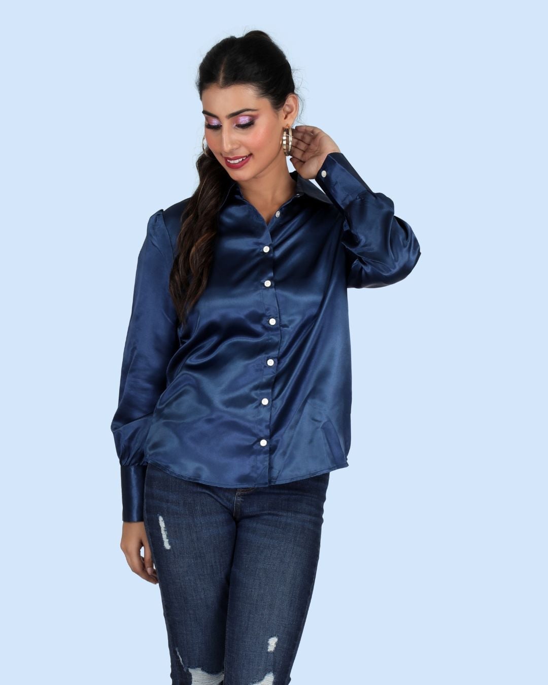 Royal Blue Satin Button-Down Shirt with Distressed Jeans Royal Blue Satin Button-Down Shirt with Distressed Jeans — Classy Blue Top Outfits