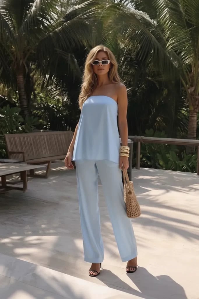 Pale Blue Satin Strapless Jumpsuit for Summer Evenings Pale Blue Satin Strapless Jumpsuit for Summer Evenings — Classy Blue Top Outfits