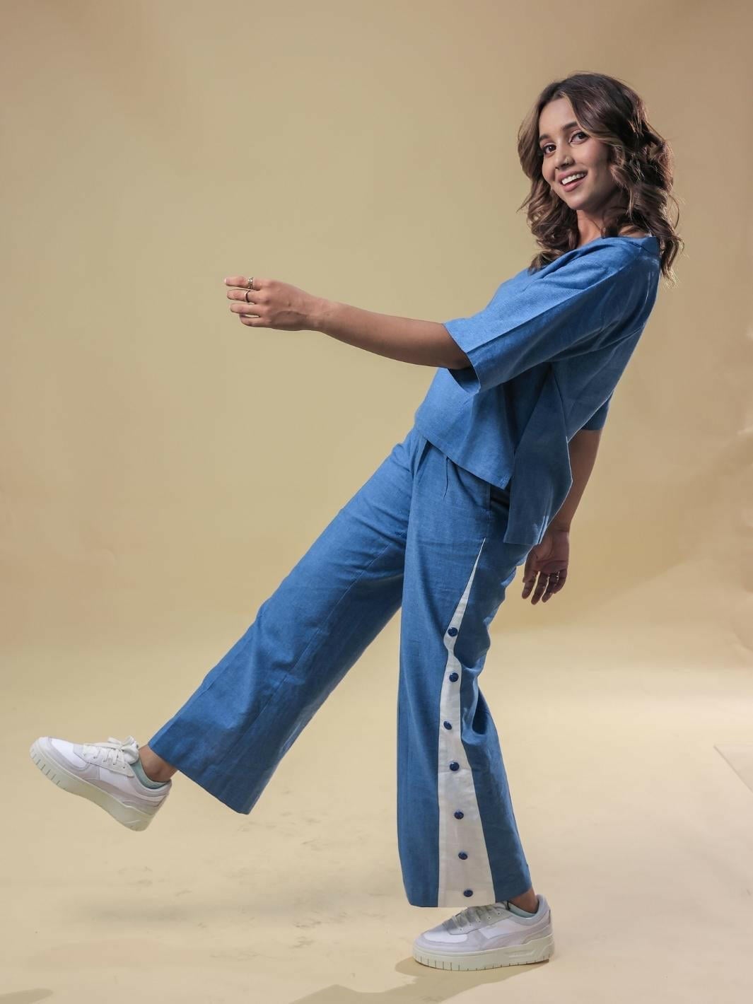 Blue V-Neck Top and Matching Wide-Leg Trousers Set Blue V-Neck Top and Matching Wide-Leg Trousers Set — Classy Blue Top Outfits