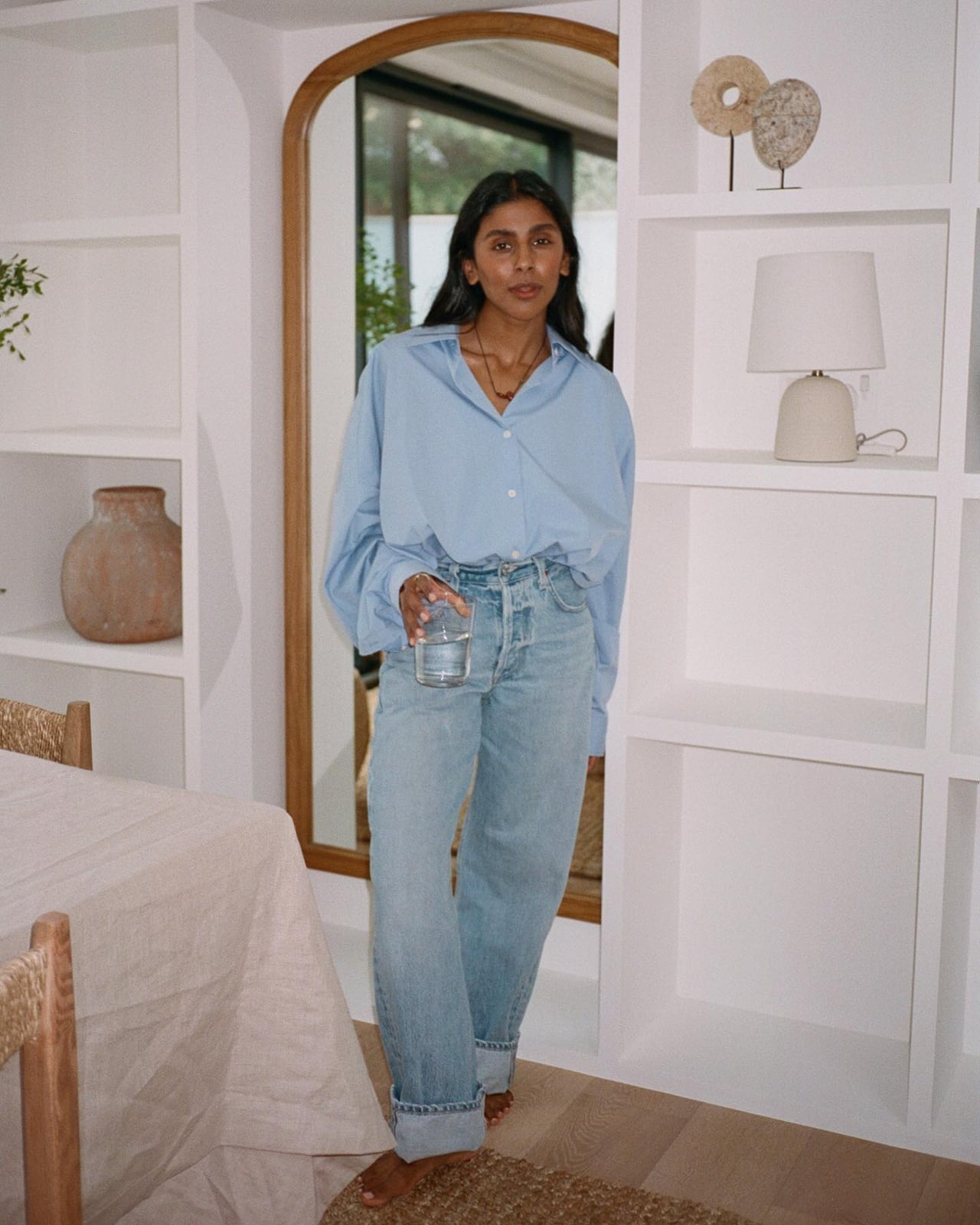Light Blue Oversized Cotton Shirt with Wide-Leg Jeans Light Blue Oversized Cotton Shirt with Wide-Leg Jeans — Classy Blue Top Outfits