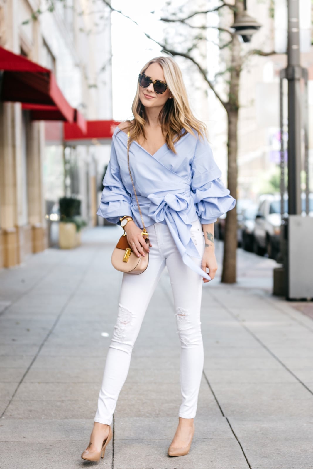 Light Blue Off-the-Shoulder Wrap Top with Ruffled Sleeves Light Blue Off-the-Shoulder Wrap Top with Ruffled Sleeves — Classy Blue Top Outfits