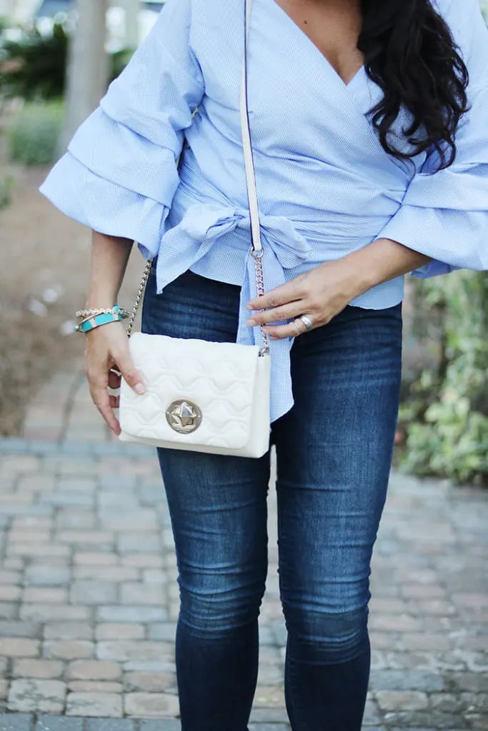 Blue Striped Wrap Top with Ruffled Sleeves and Denim Blue Striped Wrap Top with Ruffled Sleeves and Denim — Classy Blue Top Outfits
