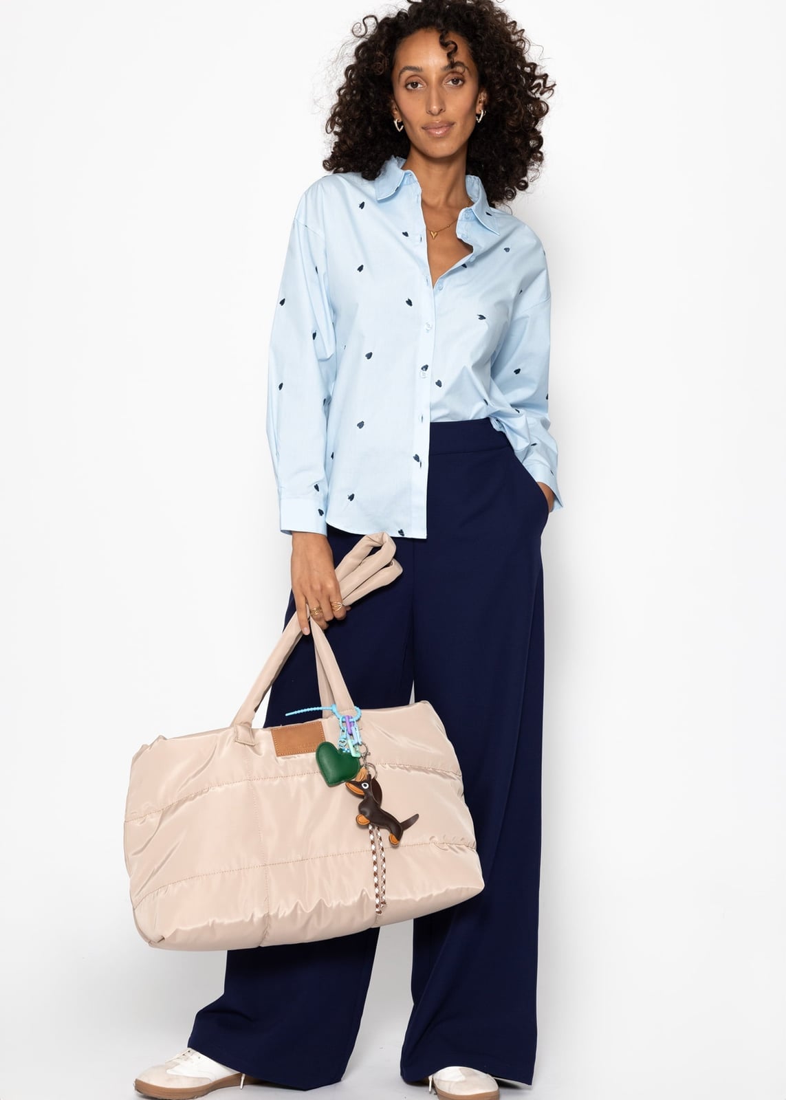 Light Blue Button-Down Shirt with Black Heart Embroidery Light Blue Button-Down Shirt with Black Heart Embroidery — Classy Blue Top Outfits