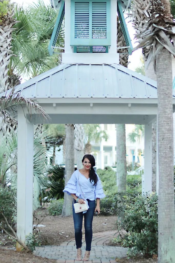 Light Blue Wrap Top with Ruffled Sleeves and Skinny Jeans Light Blue Wrap Top with Ruffled Sleeves and Skinny Jeans — Classy Blue Top Outfits