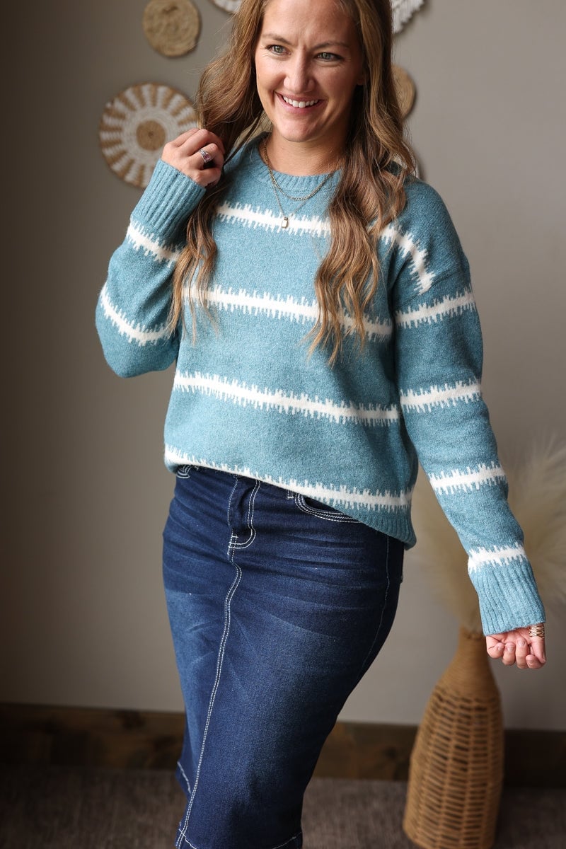 Blue and White Striped Knit Sweater with Denim Skirt Blue and White Striped Knit Sweater with Denim Skirt — Classy Blue Top Outfits