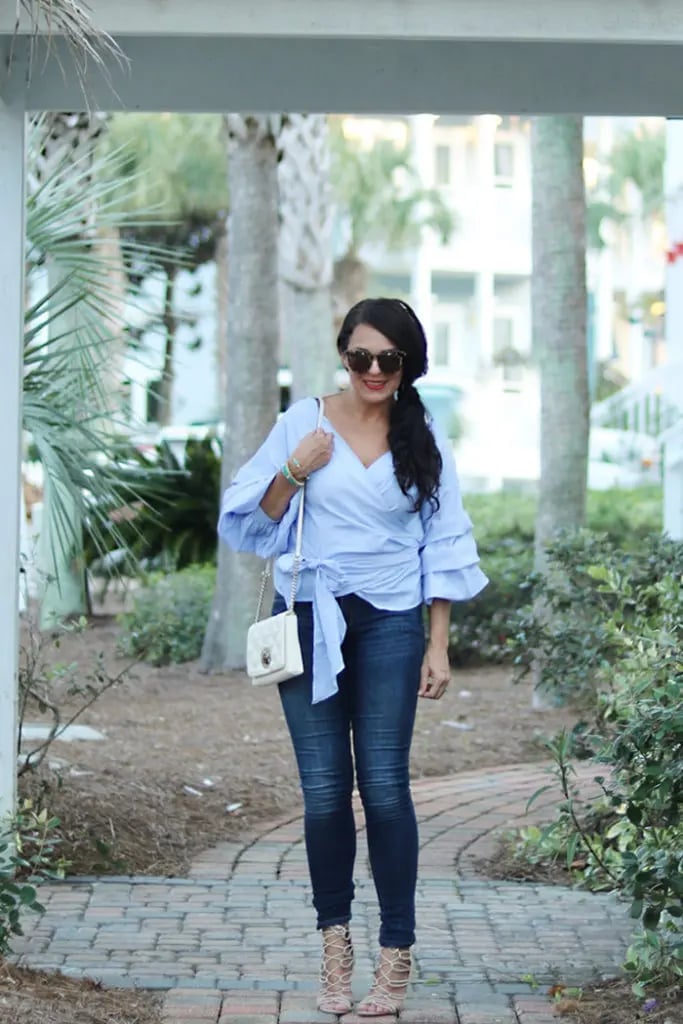 Light Blue Wrap Top with Ruffled Sleeves and Skinny, Close-Up Take Light Blue Wrap Top with Ruffled Sleeves and Skinny, Close-Up Take — Classy Blue Top Outfits