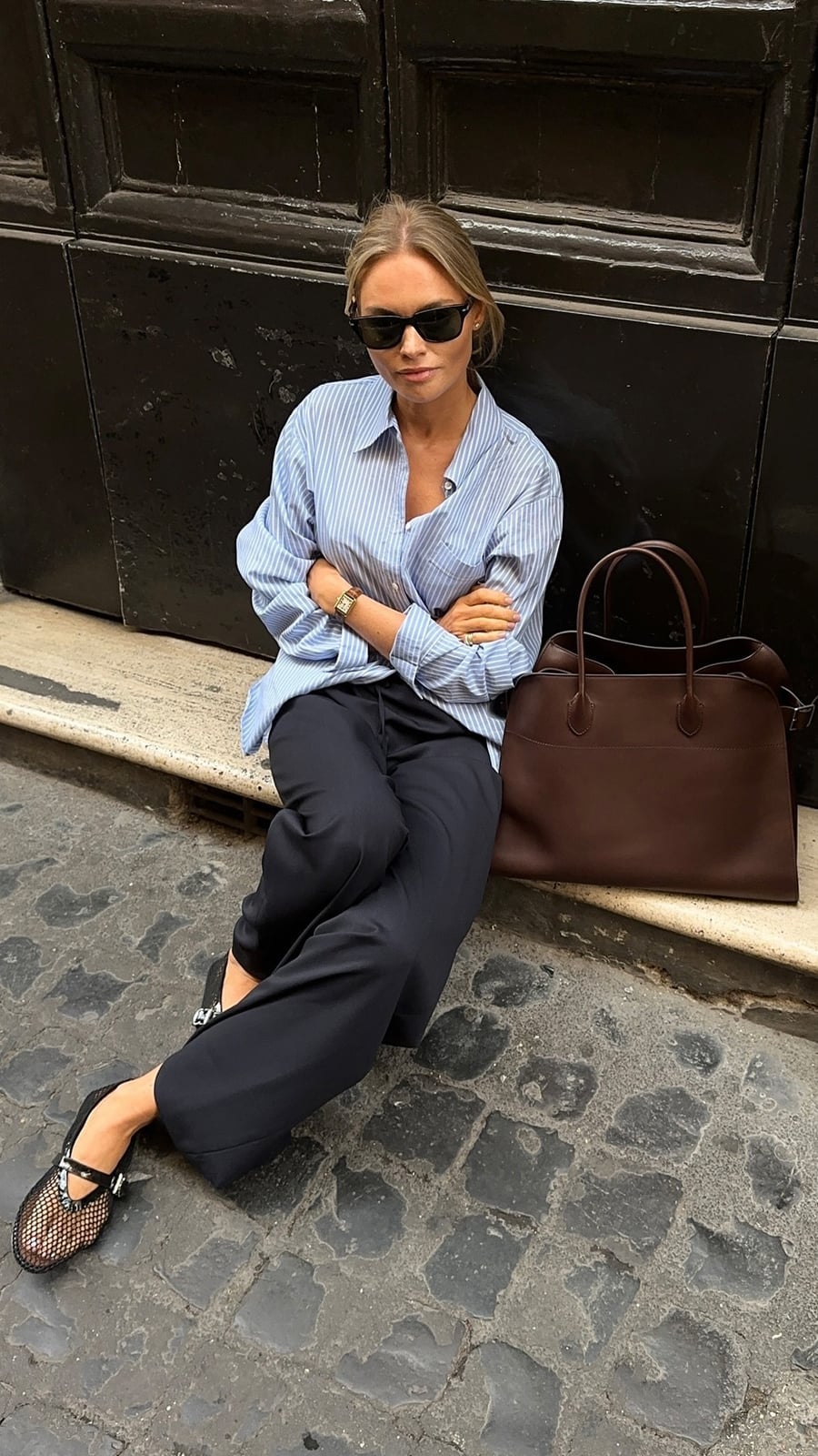 Striped Button-Down Shirt with Navy Wide-Leg Trousers Striped Button-Down Shirt with Navy Wide-Leg Trousers — Classy Blue Top Outfits