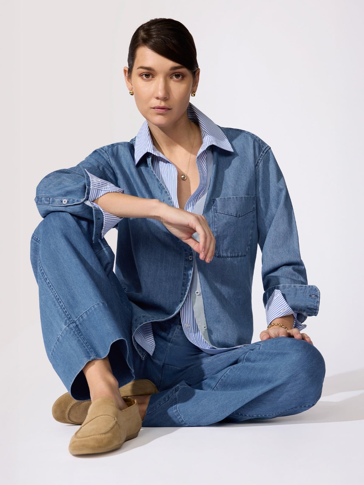 Layered Blue Denim and Striped Shirt Outfit Layered Blue Denim and Striped Shirt Outfit — Classy Blue Top Outfits