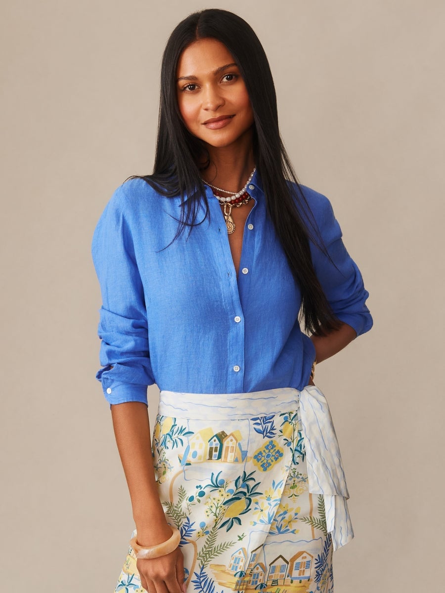 Classy Blue Linen Button-Down Shirt with Patterned Skirt Classy Blue Linen Button-Down Shirt with Patterned Skirt — Classy Blue Top Outfits