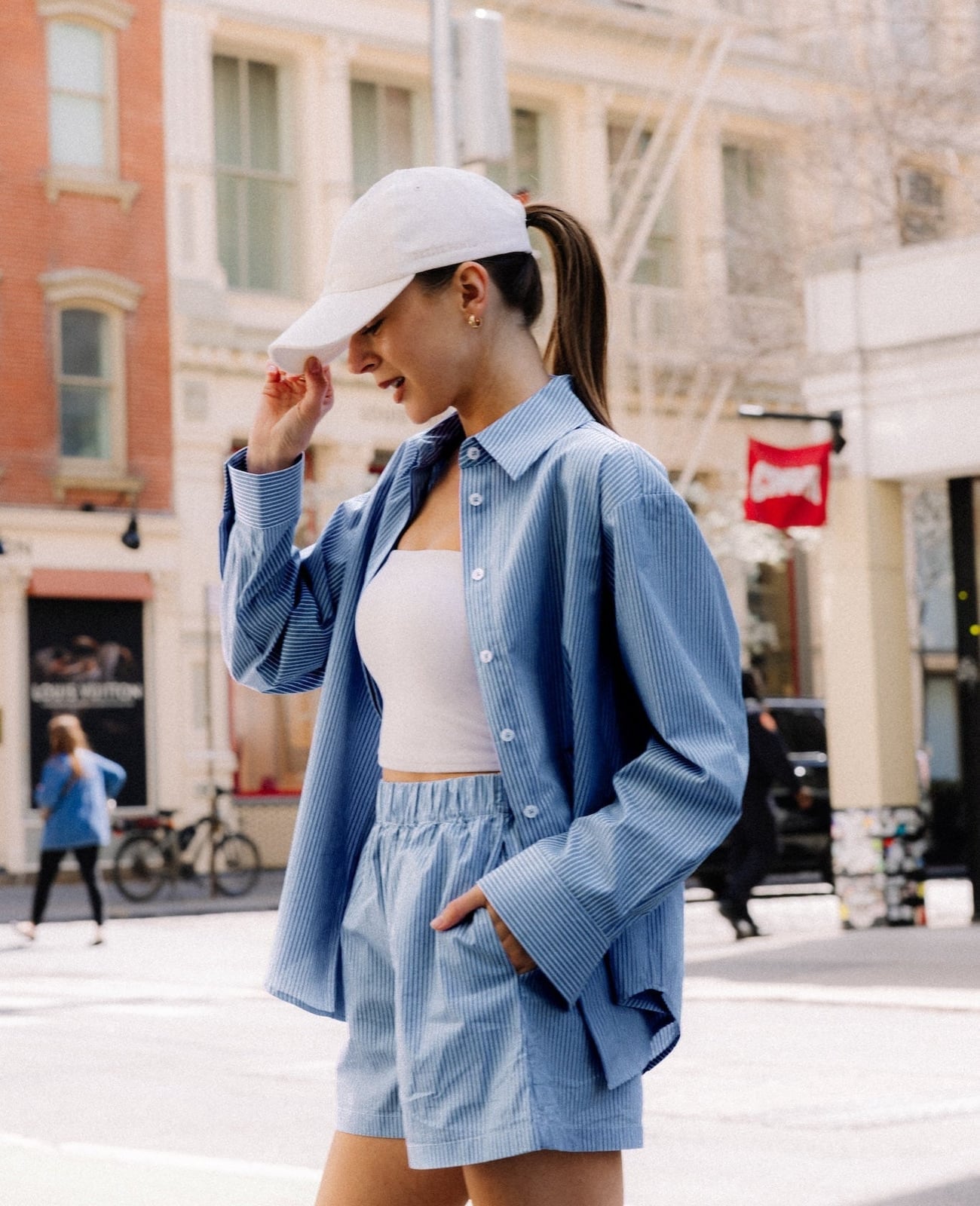 Blue and White Striped Oversized Shirt and Shorts Set Blue and White Striped Oversized Shirt and Shorts Set — Classy Blue Top Outfits
