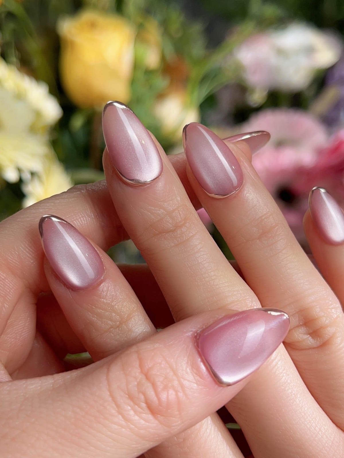 Short Almond Pink Base with Silver French Tip Short Almond Pink Base with Silver French Tip — Classy Blush Nails
