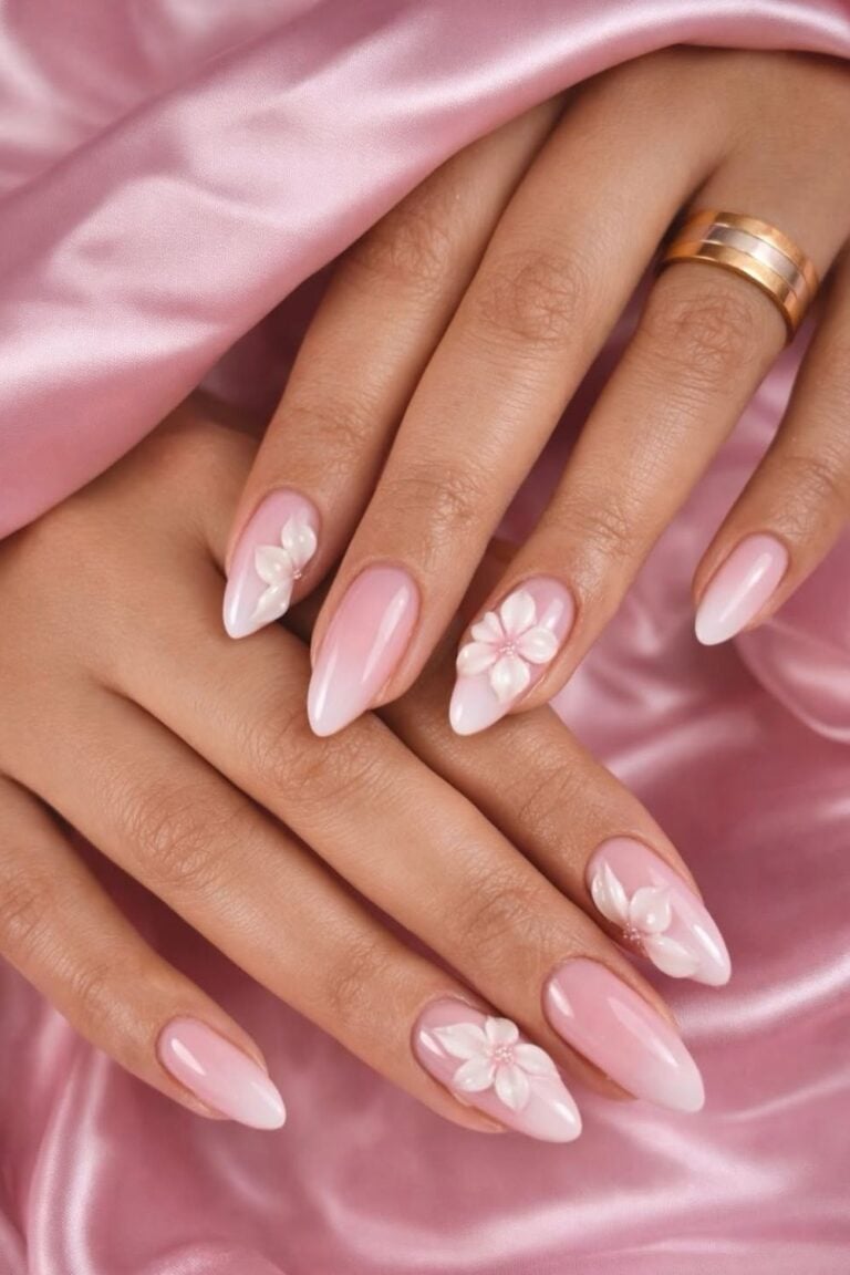 Long Stiletto Pink White Gradient with 3D Flowers Long Stiletto Pink White Gradient with 3D Flowers — Classy Blush Nails