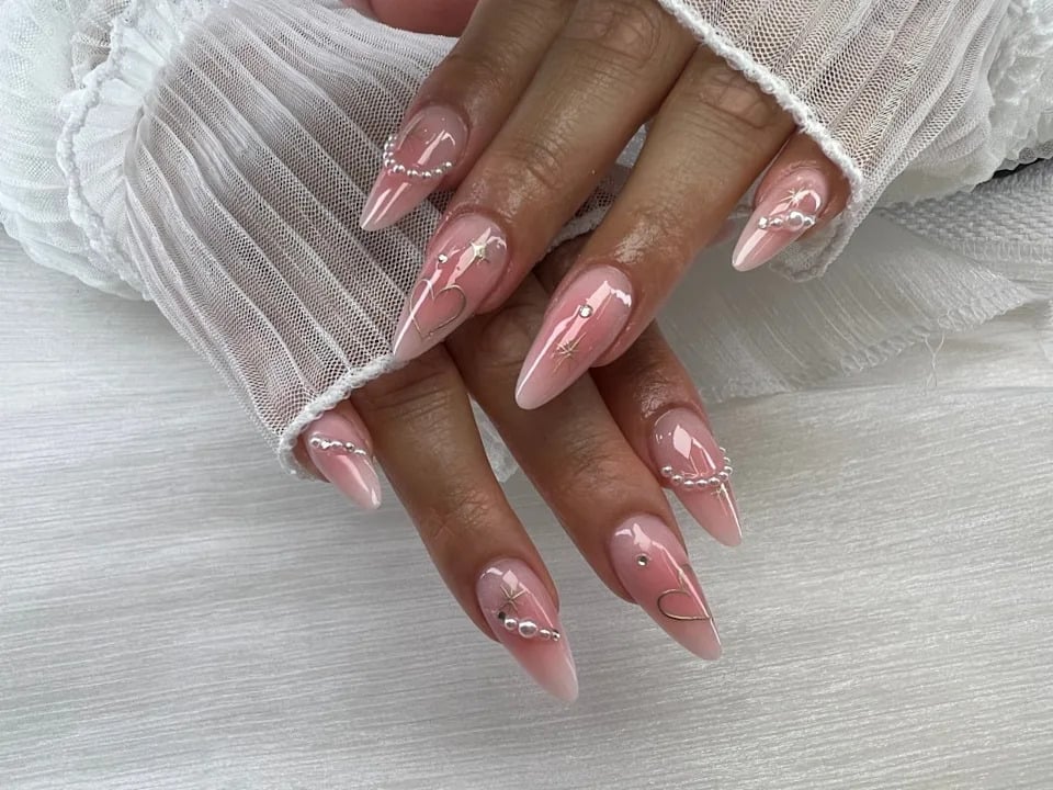 Long Stiletto Pink Gradient with Velvet Effect and Beads Long Stiletto Pink Gradient with Velvet Effect and Beads — Classy Blush Nails