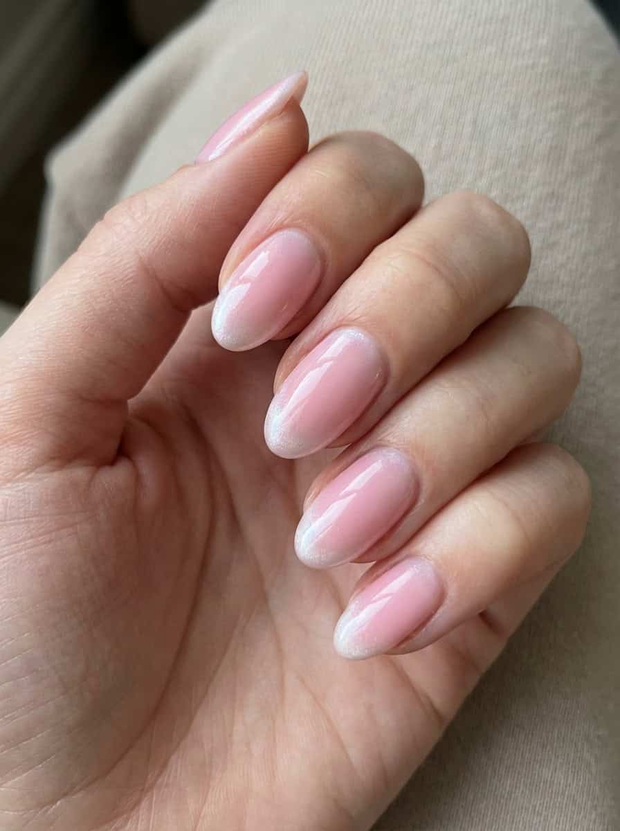 Medium Oval Pink to Clear Gradient with Shimmer Cuticle Medium Oval Pink to Clear Gradient with Shimmer Cuticle — Classy Blush Nails