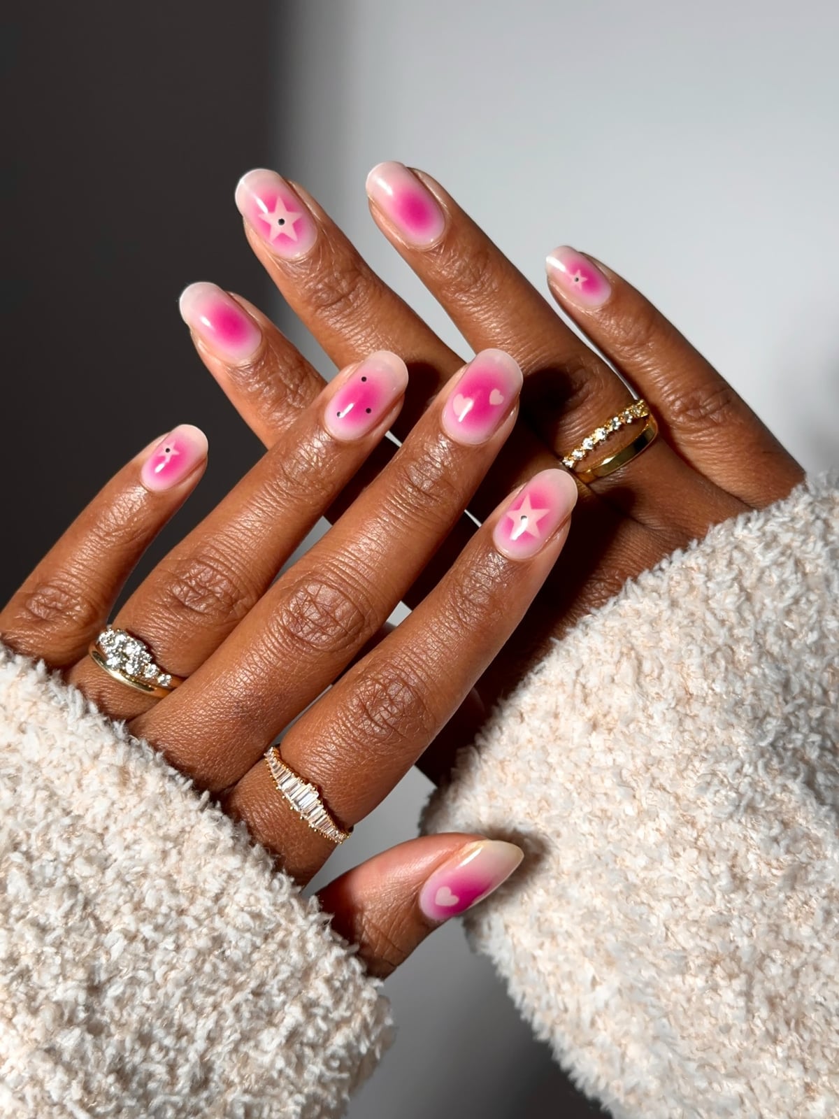 Short Almond Pink White Aura Gradient with Hearts Short Almond Pink White Aura Gradient with Hearts — Classy Blush Nails