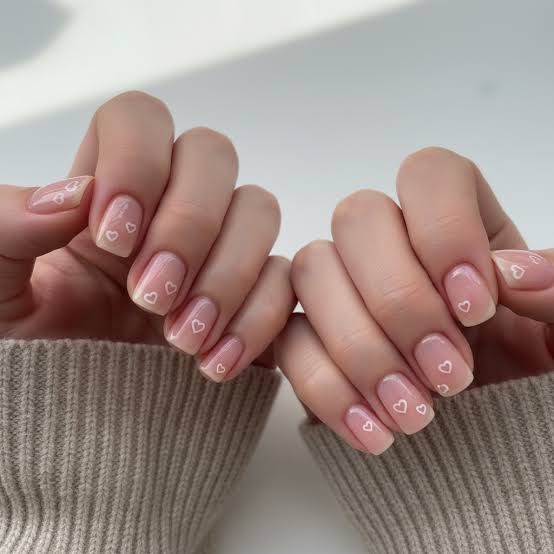Short Soft Square Nude with White Heart Outlines Short Soft Square Nude with White Heart Outlines — Classy Blush Nails