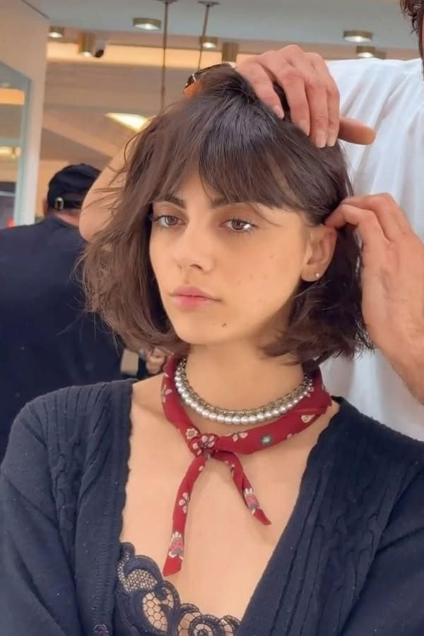 Chin Length Bob Curtain Bangs Tousled Dark Brown, Wavy Chin Length Bob Curtain Bangs Tousled Dark Brown, Wavy — Classy Bob for Fine Hair