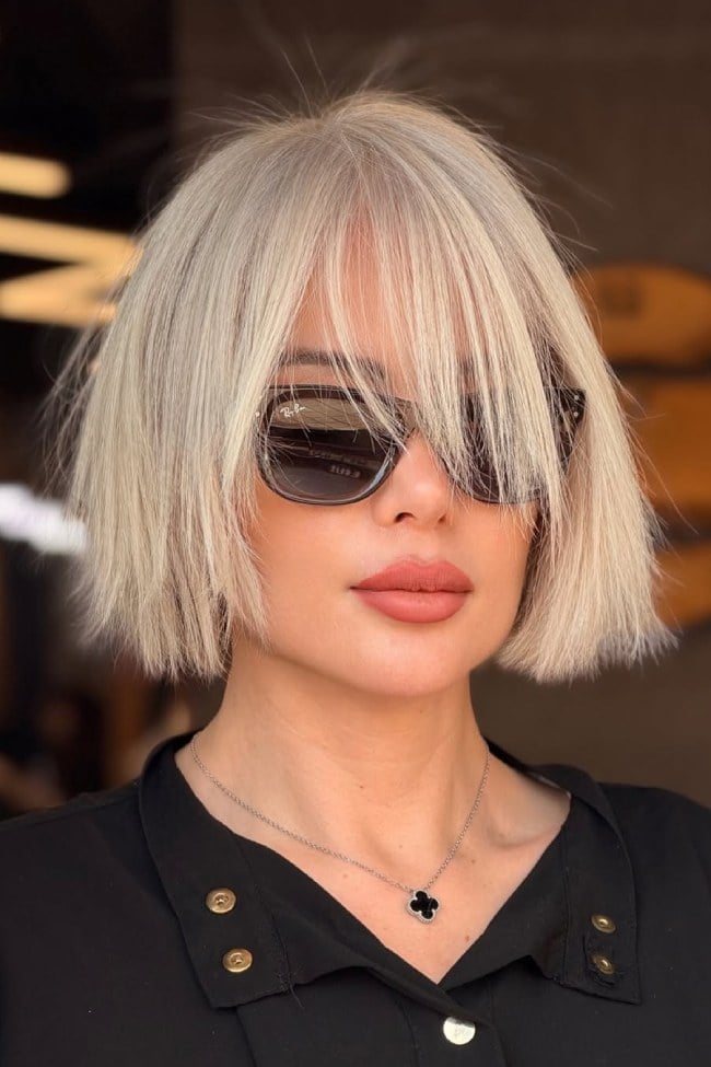 Chin Length Blunt Bob Platinum Blonde Curtain Bangs, Straight Chin Length Blunt Bob Platinum Blonde Curtain Bangs, Straight — Classy Bob for Fine Hair