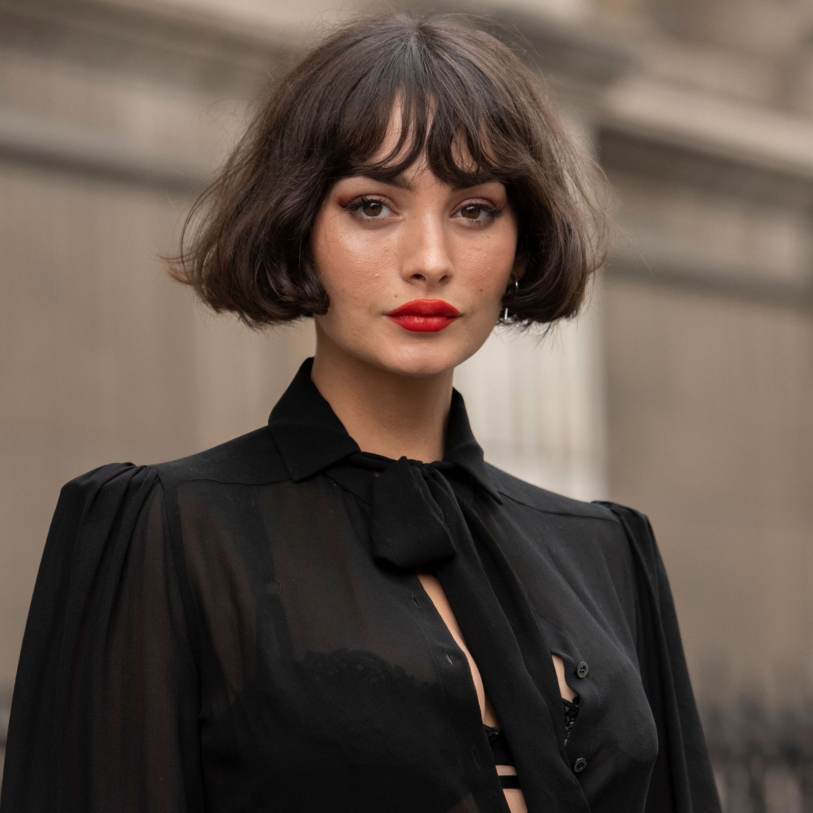 Dark Brown Blunt Bob With Short Straight Bangs Dark Brown Blunt Bob With Short Straight Bangs — Classy Bob for Fine Hair
