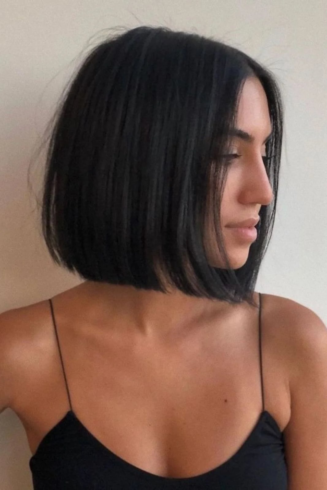Chin Length Blunt Bob Black Sleek Side View Chin Length Blunt Bob Black Sleek Side View — Classy Bob for Fine Hair