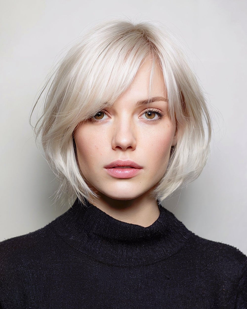 Chin Length Bob With Side Swept Bangs Platinum Blonde Chin Length Bob With Side Swept Bangs Platinum Blonde — Classy Bob for Fine Hair