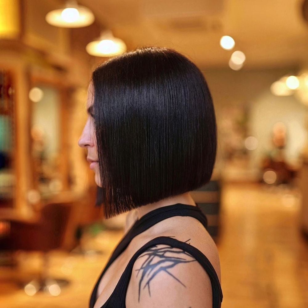Chin Sleek Blunt Bob Black Side Profile — Classy Bob Hair
