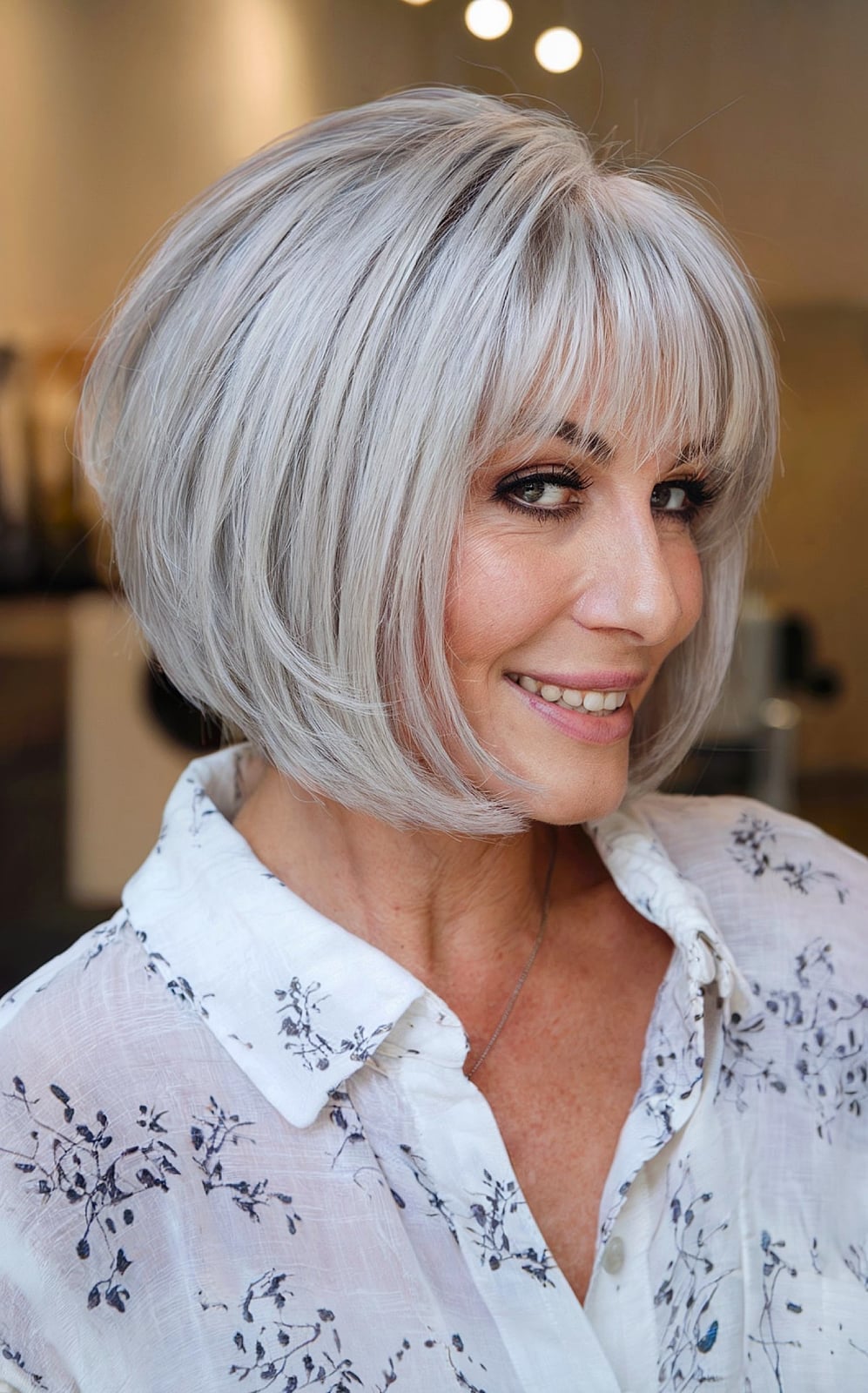 Collarbone Bob With Full Bangs Silver Gray — Classy Bob Hair