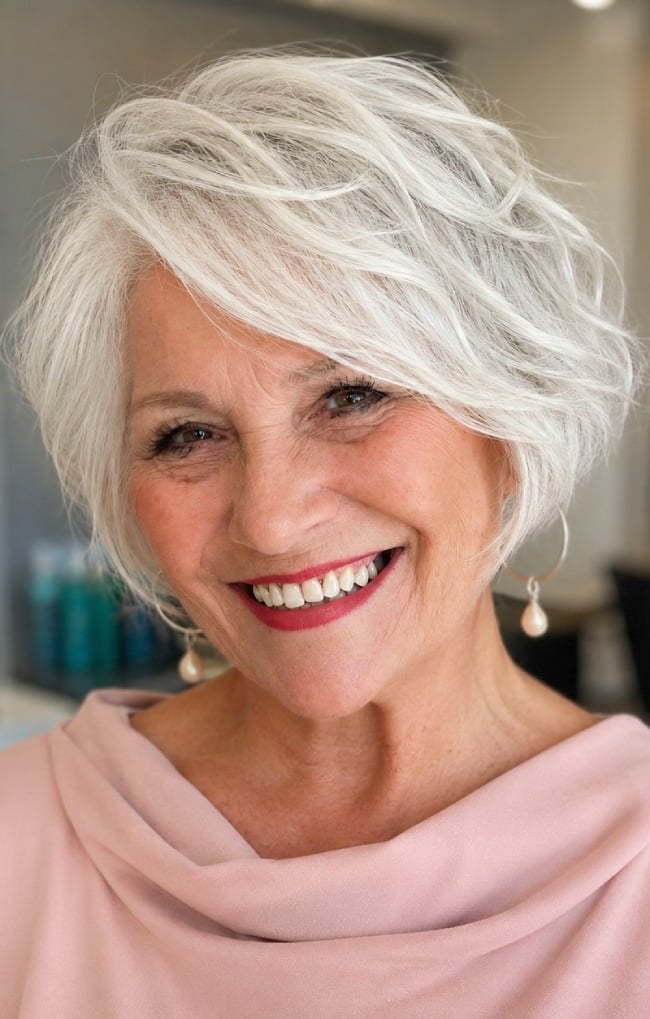 Textured Silver Layered Bob Ear Length Textured Silver Layered Bob Ear Length — Classy Bob Haircuts for Fine Hair