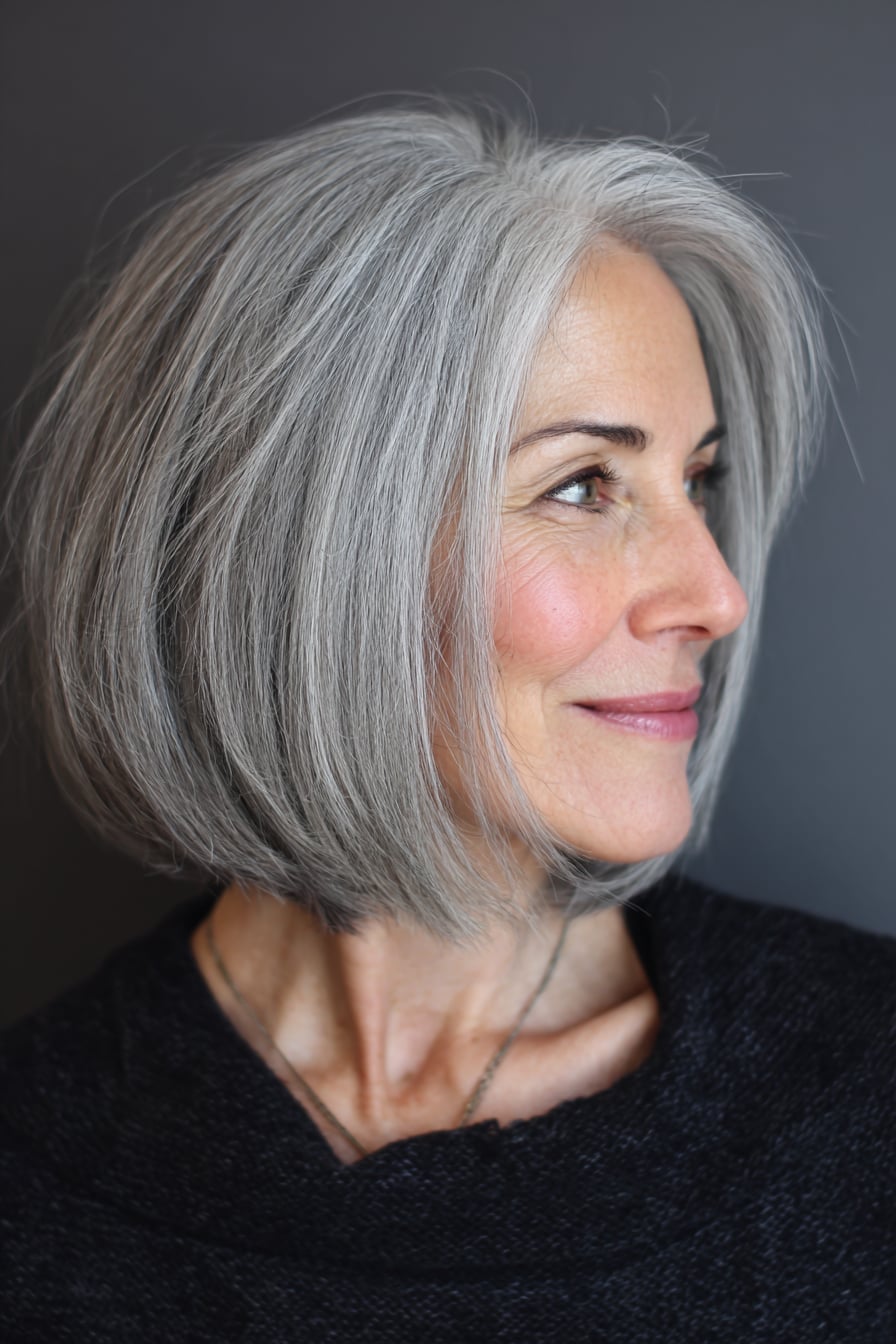 Voluminous Gray Chin Length Bob Voluminous Gray Chin Length Bob — Classy Bob Haircuts for Fine Hair