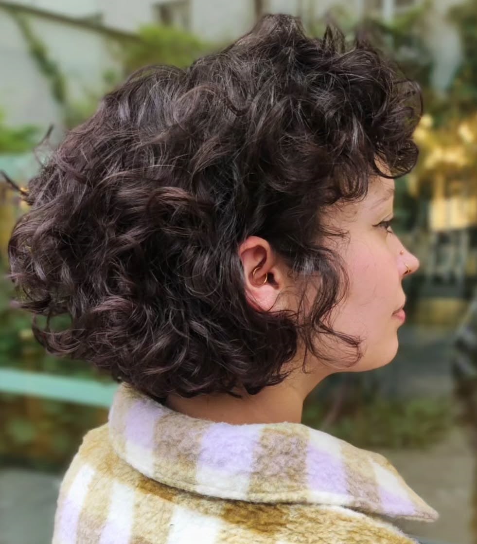 Voluminous Dark Brown Curly Bob, Ear — Classy Bob with Curls