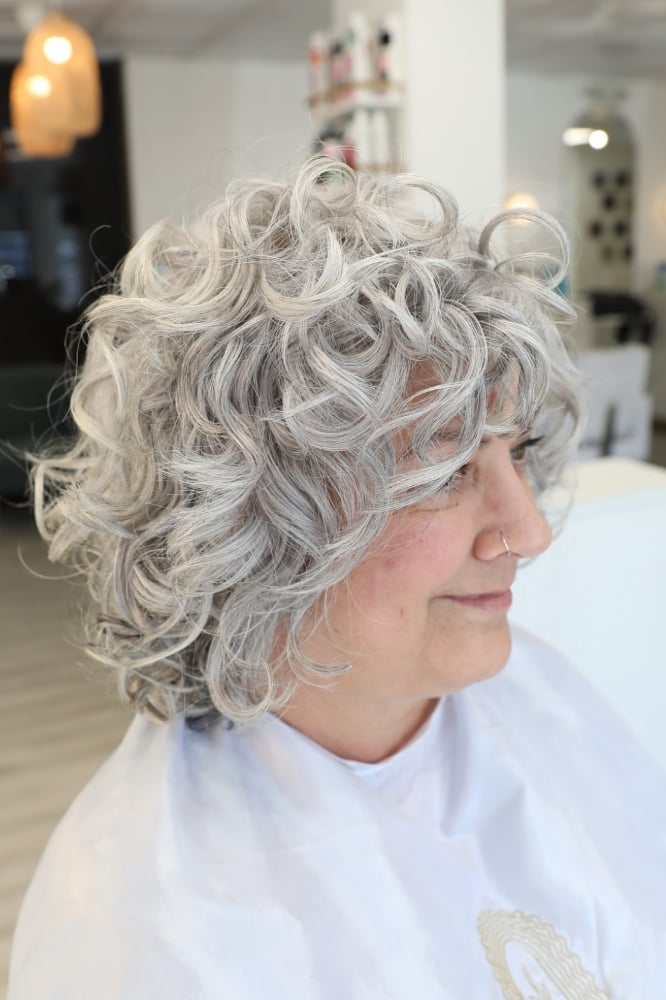 Silver Gray Bob With Short Bangs and Curls — Classy Bob with Curls