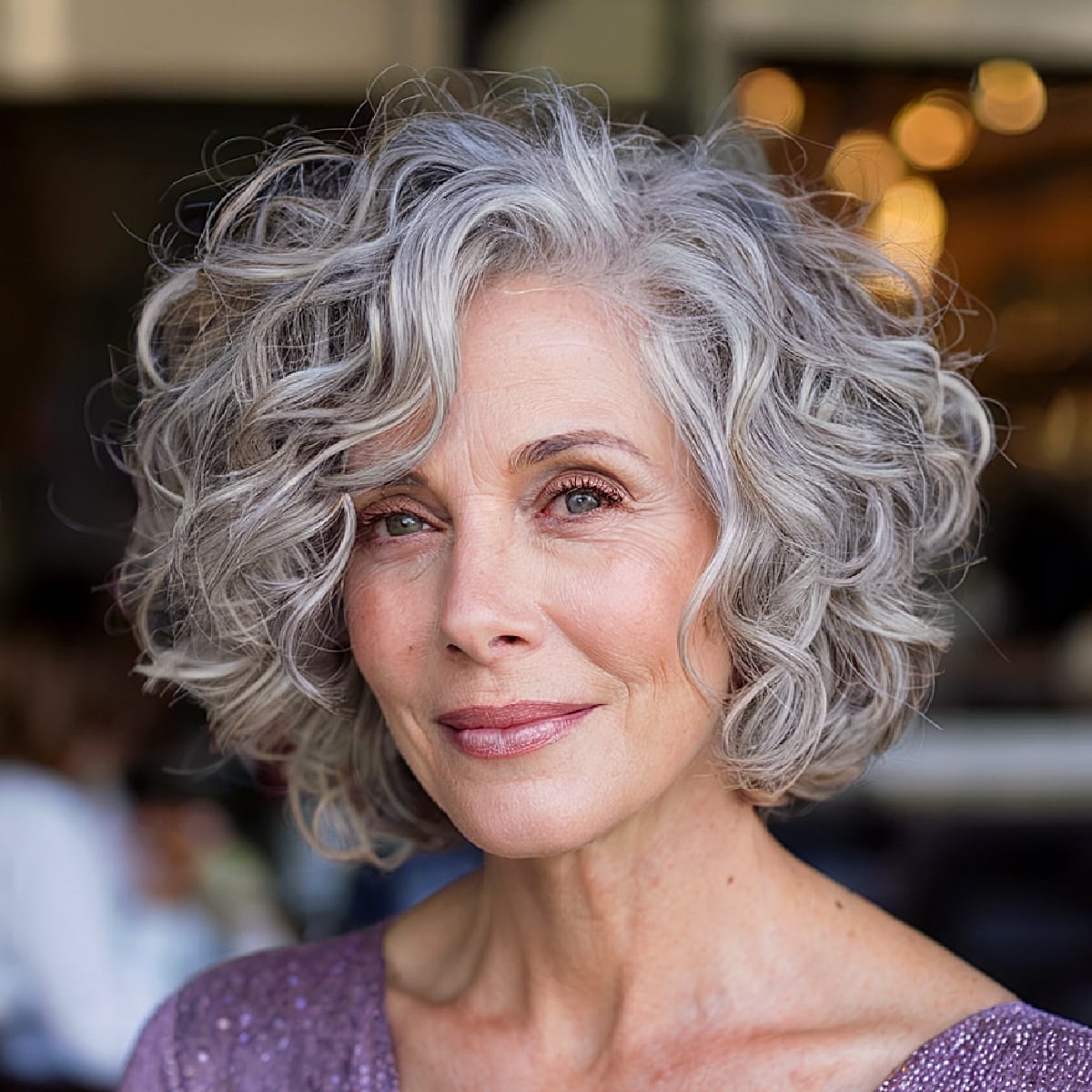 Voluminous Gray Bob With Side Part — Classy Bob with Curls